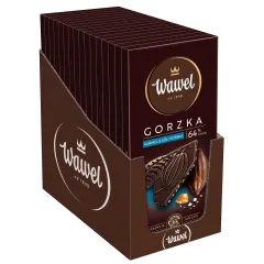 Karton Czekolada Gorzka Premium 64% karmel i sól morska 90g (16 sztuk)